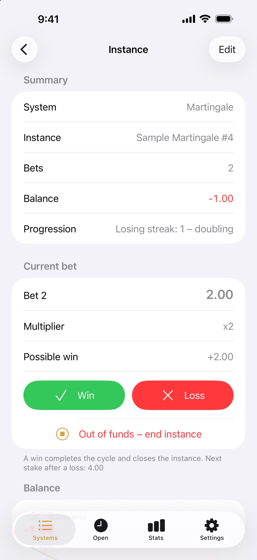 Instance screen with the current bet and Win / Loss buttons
