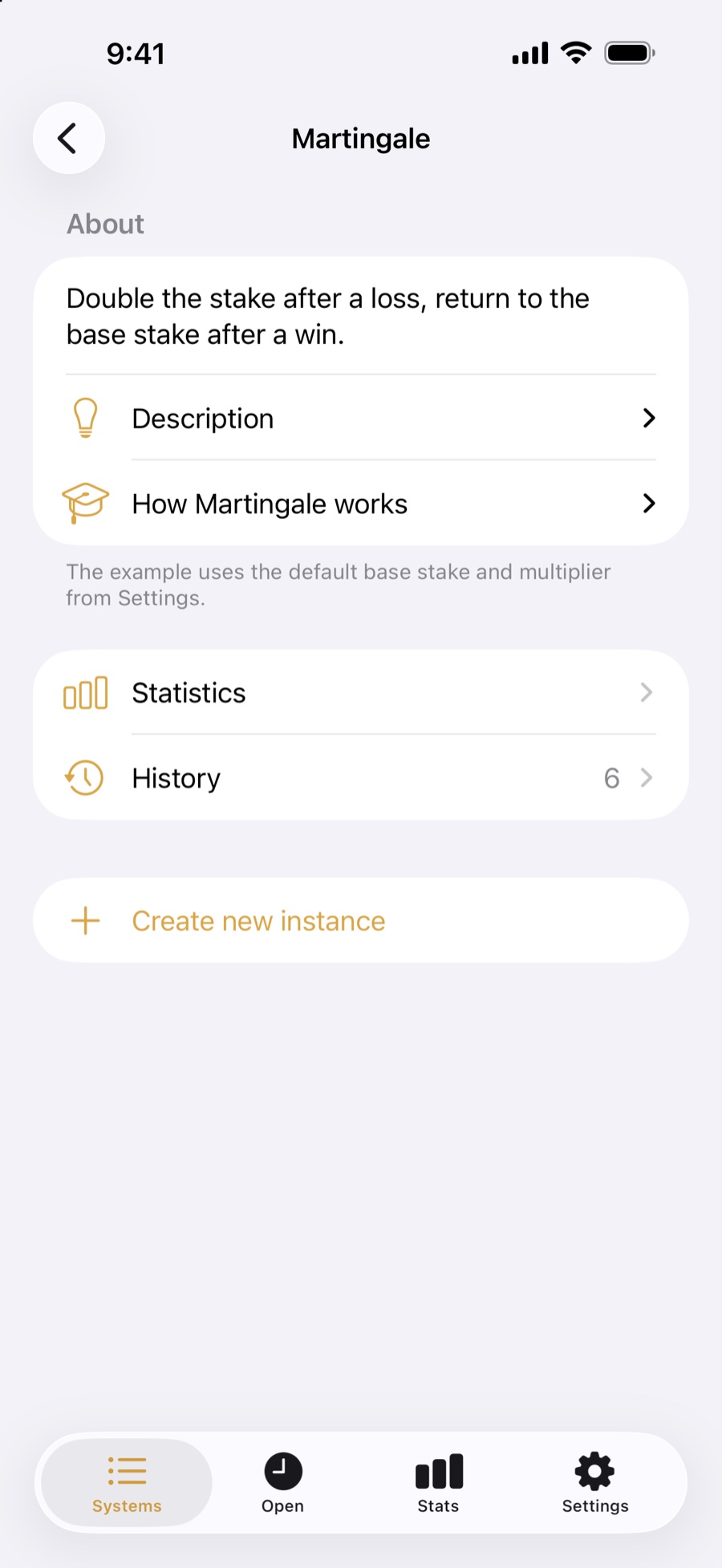 Martingale system screen