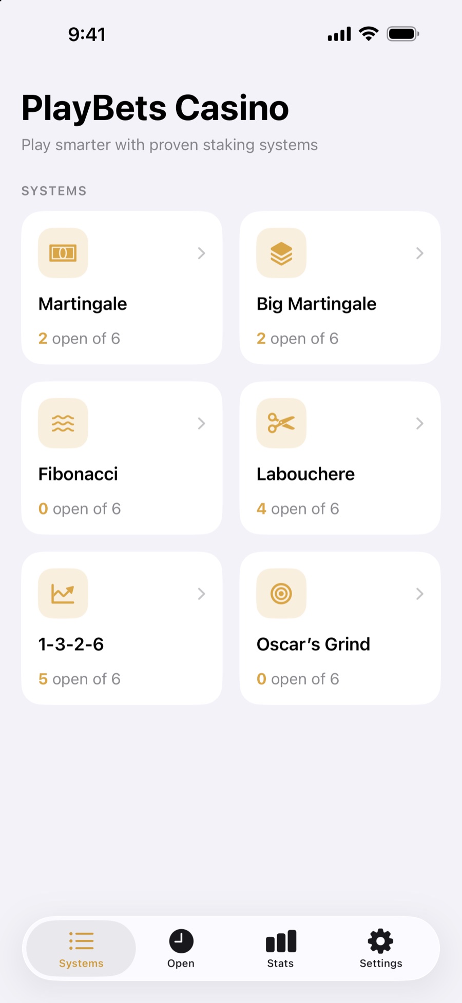 Home screen with the six staking systems and their open instances